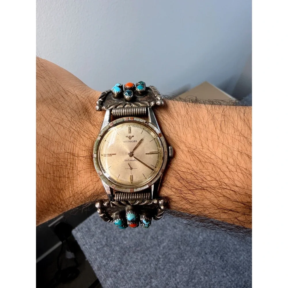 Vintage Wittnauer Automatic Watch Turquoise Coral Southwestern Silver Tone Mens